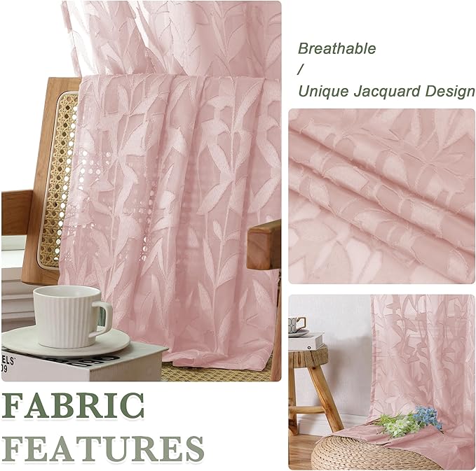 Lecloud Leia Semi Sheer Pink Curtains for Girls Bedroom 72 Inches Length 2 Panels, Airy & Breathable Clip Textured Leaf Voile Blush Curtain with Dual Rod Pockets, Living Room Window Drapes, 38x72 Inch