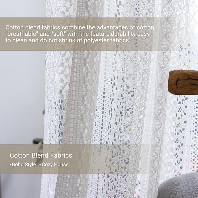 WAZZIO Boho Lace Curtains 63 Inches 2 Panel,Light Filtering Privacy Tassel & Geometry Crochet Semi Sheer Curtain Drapes for Bedroom Living Dining Room,Rod Pocket & Tassel,Victorian Decor,Off White