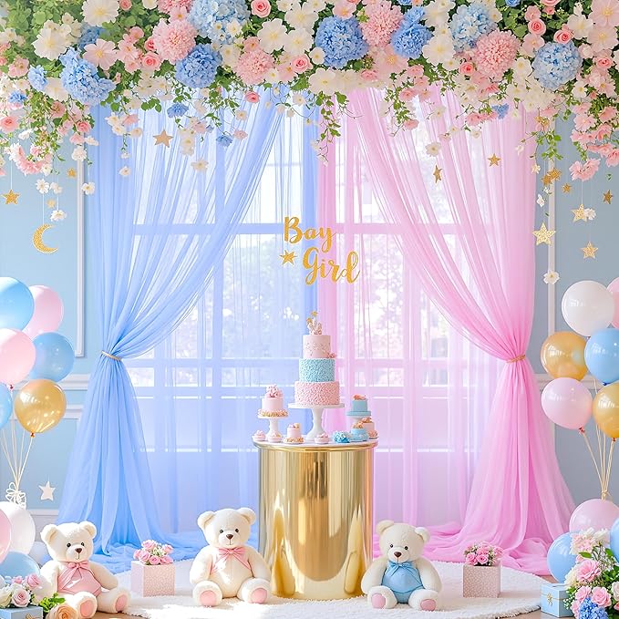 Pink and Blue Backdrop Curtain for Gender Reveal Girl and Boy Party Sheer Tulle Backdrop Drapes for Baby Shower Birthday Party Photoshoot Background Decorations 2 Panels 5ft X 8 ft