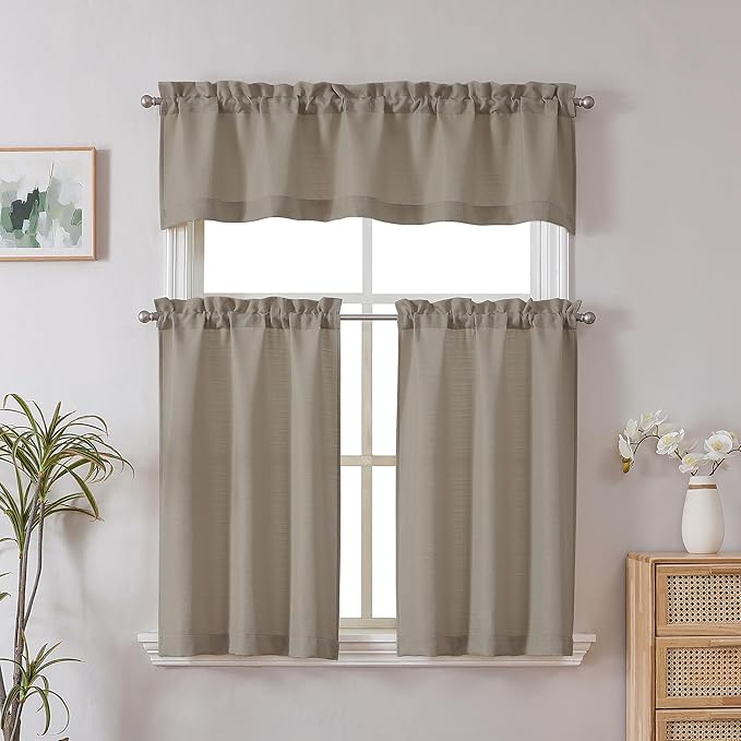 Chyhomenyc Stone Beige Valance for Windows, Light Filtering Faux Linen Textured Small Window Kitchen Curtain, Rod Pocket Short Valance for Bathroom Laundry Basement, 60Wx14L inch, 1 Piece