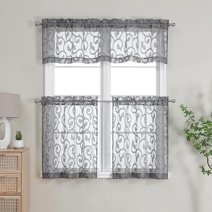 OWENIE Furman Sheer Curtains Tiers 24 Inch Length 2 Panels Set, Geometric Jacquard Clip Short Voile Grey Curtains for Kitchen/Living Room/Basement Window Curtains, Dual Rod Pocket, 28Wx24L inch