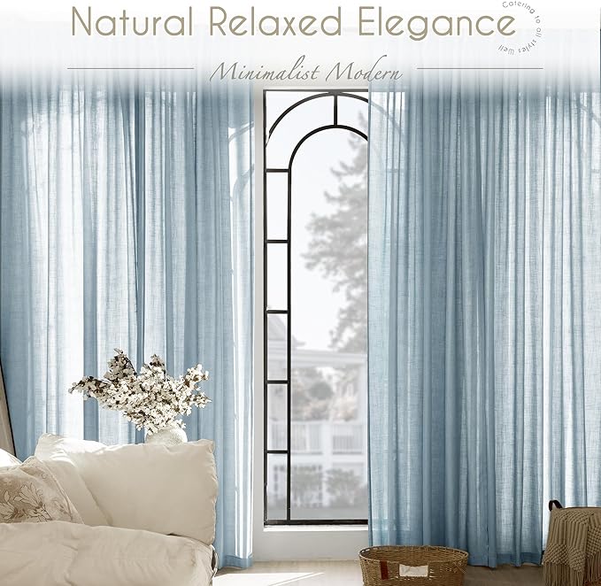 Dusty Blue Linen Curtains 84 inch Long for Living Room Back Tab Light Filtering Semi Sheer Light Blue Bedroom Curtains Linen Cotton Textured Grey Blue Drapery Panel Airy Modern Aesthetic Decor