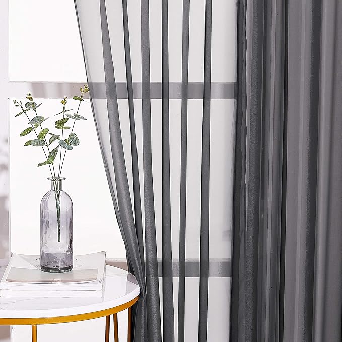 NICETOWN Black Sheer Curtains 90 inches Long, Grommet Voile Textured Hazy Sheer Window Treatments Privacy with Light Filtering for Halloween, W54 x L90, 2 Panels