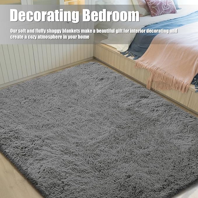 Ultra Soft Fluffy Area Rugs for Bedroom Living Room 10x14, Nursery Rug, Non-Slip Carpet for Kids Dorms Decor, Shaggy Bedside Rug, Deep Grey