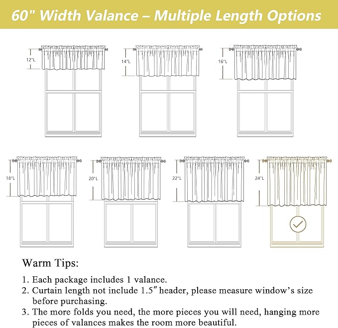 Sage Green Valances for Windows, Light Filtering Faux Linen Textured Small Short Valance Curtains for Bathroom Basement Farmhouse, Rod Pocket Top Half Curtains for Windows, 60" Wx24 L