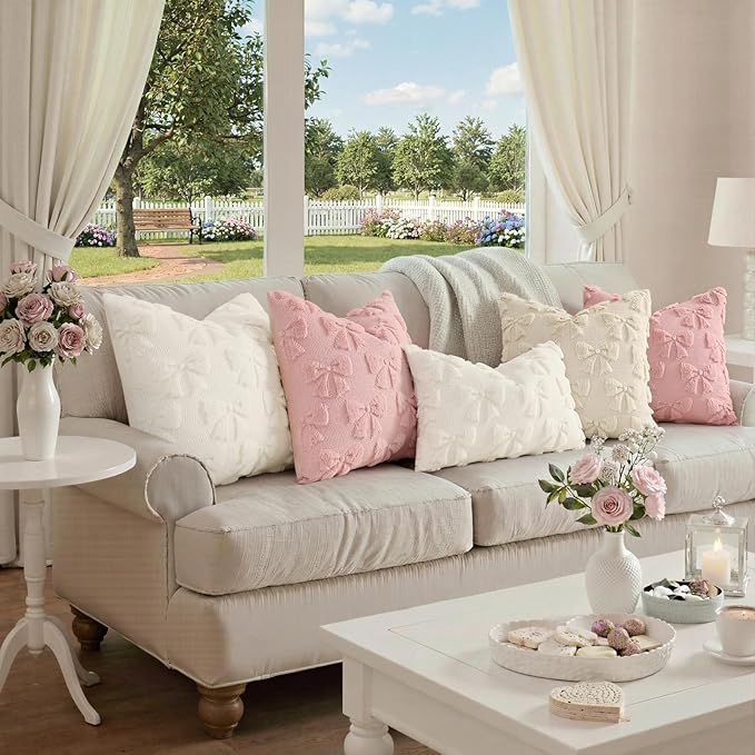 decorUhome Cream White Bow Pillow Covers Set of 2 Coquette Aesthetic Cute Preppy Plush Faux Pillowcases for Girly Bedroom or Couch 18x18 Inch