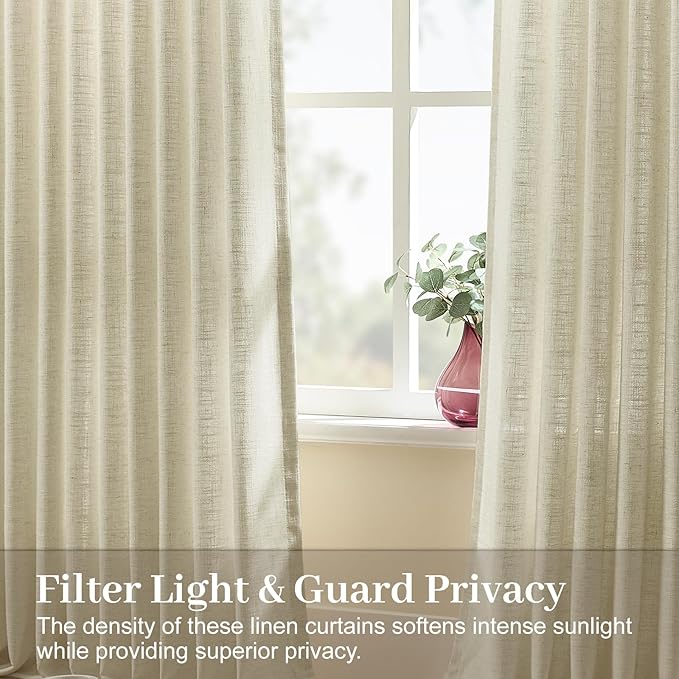 IVAPUPU Pinch Pleated Linen Curtains 90 Inches Long 2 Panels for Living Room, Light Filtering Pleated Semi Sheer Curtain with Hooks Rings Back Tab Memory Trained Drapes for Bedroom, 40W, Linen