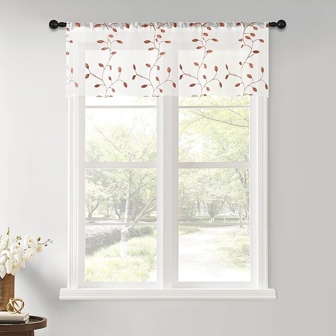 MRTREES Sheer Christmas Curtain Valance, 2 Panels Voile Leaves Embroidered Valance Curtains Rod Pocket, 54x16 Inches Short Window Treatment for Living Room Kitchen Festival Decor(Terracotta Leaves)