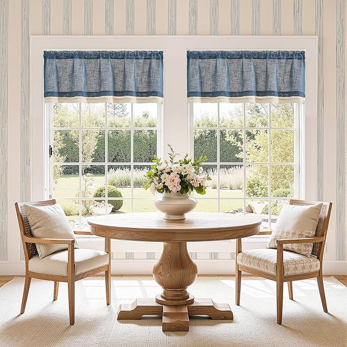 jinchan Linen Farmhouse Valances for Living Room Windows 16 Inch Slubbed Crossed Double Layer Window Valances Light Filtering Rustic Country Overlay Rod Pocket 2 Panels Navy Blue