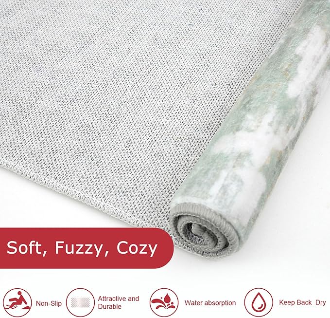 KOZYFLY Modern Abstract Runner Rugs 2x6 Light Green Yellow Machine Washable Area Rug for Bedroom Non-Slip Living Room Rug, Faux Wool Soft Low Pile Office Carpet for Bedroom, Kitchen Bathroom