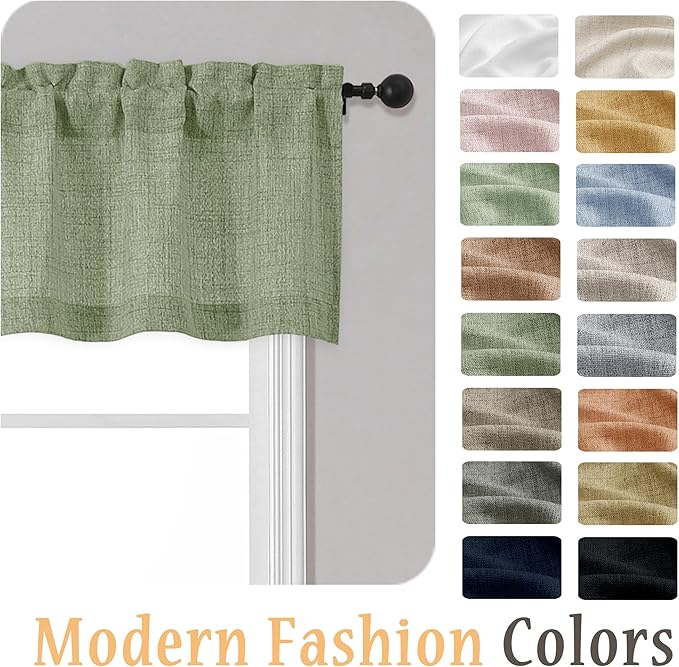 OWENIE Sage Green Valances for Windows 1 Pcs, Light Filtering Textured Farmhouse Short Small Valance Curtains for Bathroom Basement Living Room Bedroom, Rod Pocket Half Curtains Over Sink, 52" Wx14 L