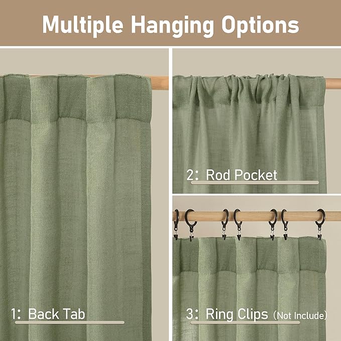 LAMIT Sage Green 80 inch Linen Curtains for Living Room 2 Panels, Linen Textured Light Filtering Semi Sheer Back Tab and Rod Pocket Window Curtain Panels for Bedroom/Farmhouse, 52 x 80 Inch
