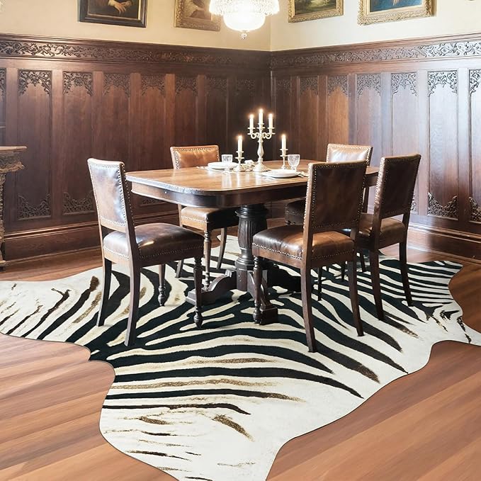 AROGAN Western Faux Fur Zebra Rug, 4.6 x 5.2 Feet Premium Animal Skin Print Rug, Sturdy Faux Zebra Hide Rugs for Wall Decor, Western Floor Carpet for Bedroom Living Room, Black and White