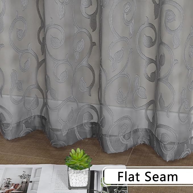 OWENIE Furman Sheer Curtains 63 inch Length for Bedroom Living Room 2 Panels Set, Jacquard Clip Textured Semi Sheer Grey Curtains, Light Filtering Rod Pocket Farmhouse Window Treatments, 40Wx63L inch