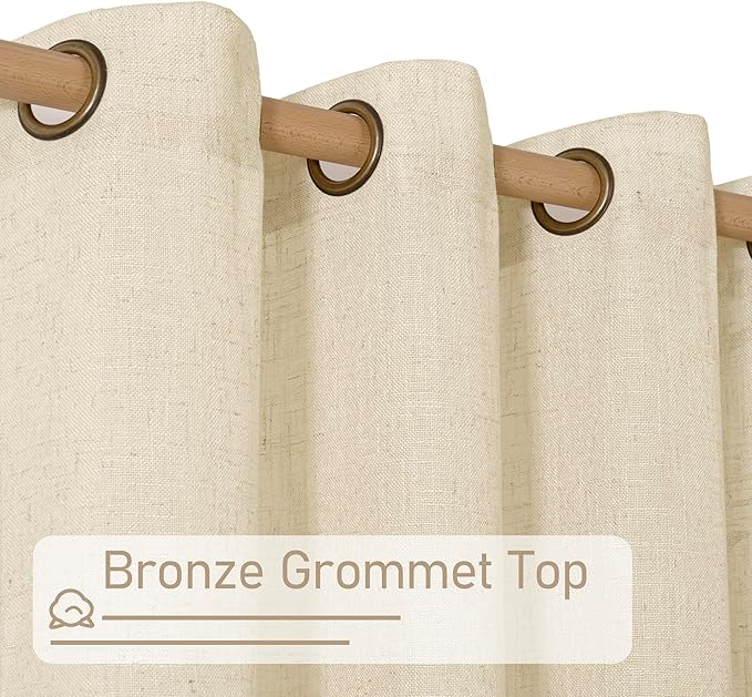 LAMIT Beige Linen Curtains 60 Inch Length for Kitchen, Light Filtering Short Drapes Bronze Grommet Window Treatment Panels for Bedroom/Small Windows, 2 Panels, 34 x 60 Inch