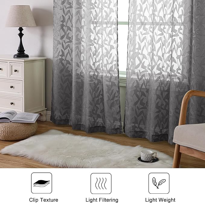 Lecloud Leia Charcoal Grey Sheer Curtains 96 Inches Long 2 Panels, Airy Leaf Jacquard Textured Curtain Panels, Light Filtering & Privacy Curtains for Living Room Bedroom Big Windows, 52" W x 96" L