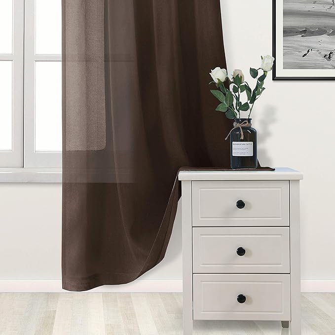DWCN Brown Sheer Curtains Semi Transparent Voile Rod Pocket Curtains for Bedroom and Living Room, 42 x 45 inches Long, Set of 2 Panels