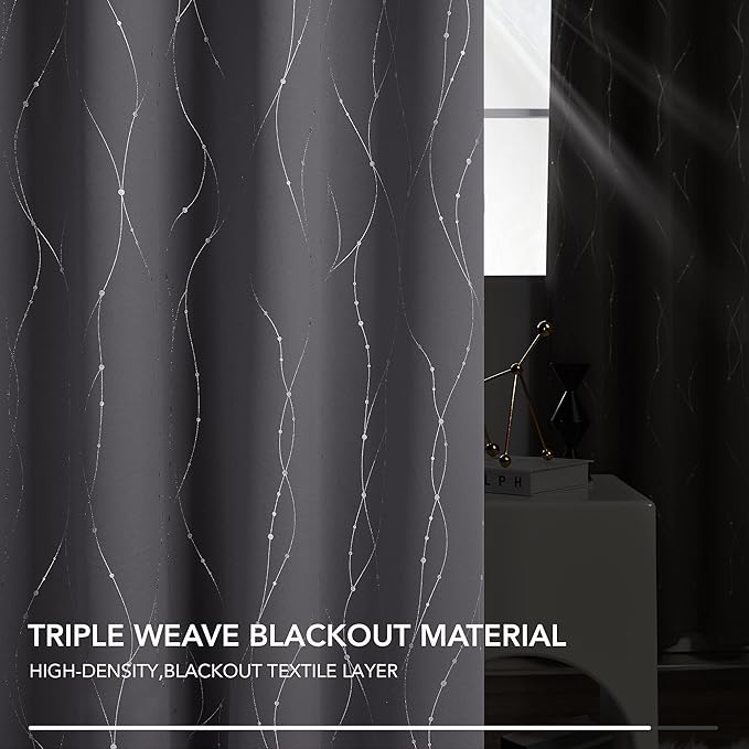 Deconovo Grey Curtains for Living Room, Blackout Drapes, Protect Pravicy Thermal Insulated Soundproof Window Drape, Wave Dots Foil Print, 42 x 95 Inch, Set of 2 Panels for Bedroom Sliding Glass Door