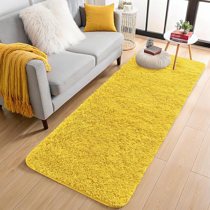 OLANLY 2x6 Machine Washable Runner Rugs for Hallway, Soft Fluffy Shaggy Bedside Rugs for Bedroom, Living Room, Indoor Floor Carpet for Kids Girls and Boys, Nursery Rooms, Home Decor Aesthetic, Yellow