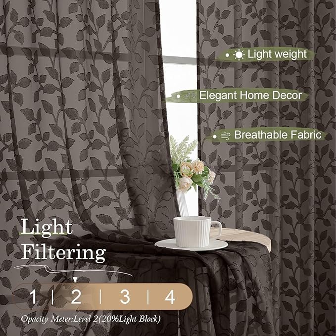 Chyhomenyc Extra Long Chocolate Sheer Curtains 120 Inch Length 2 Panels Set, Light Filtering Tufted Textured Soft Airy Rod Pocket Gentle Leaf Window Treatment Drapes for Living Room, 52"Wx120"L, 2PCS