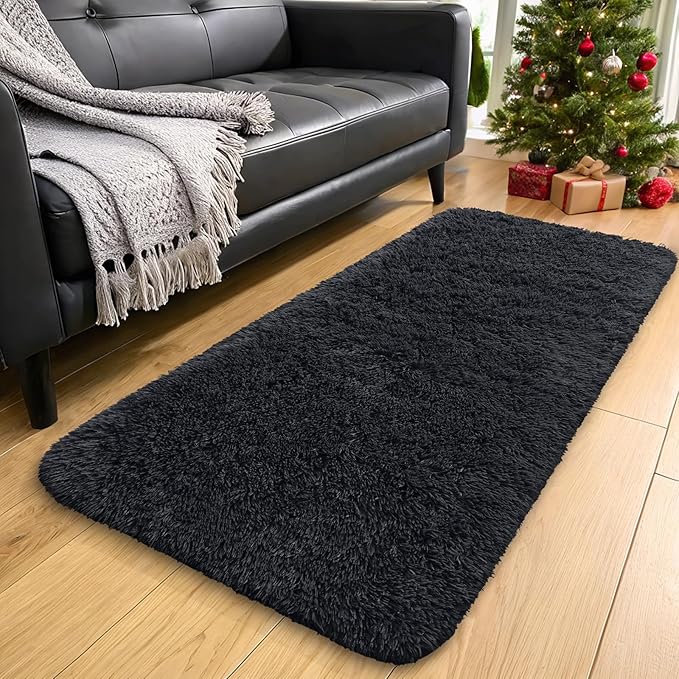 OLANLY 3x9 Machine Washable Runner Rugs for Hallway, Soft Fluffy Shaggy Bedside Rugs for Bedroom, Living Room, Indoor Floor Carpet for Kids Girls and Boys, Nursery Rooms, Home Decor Aesthetic, Black