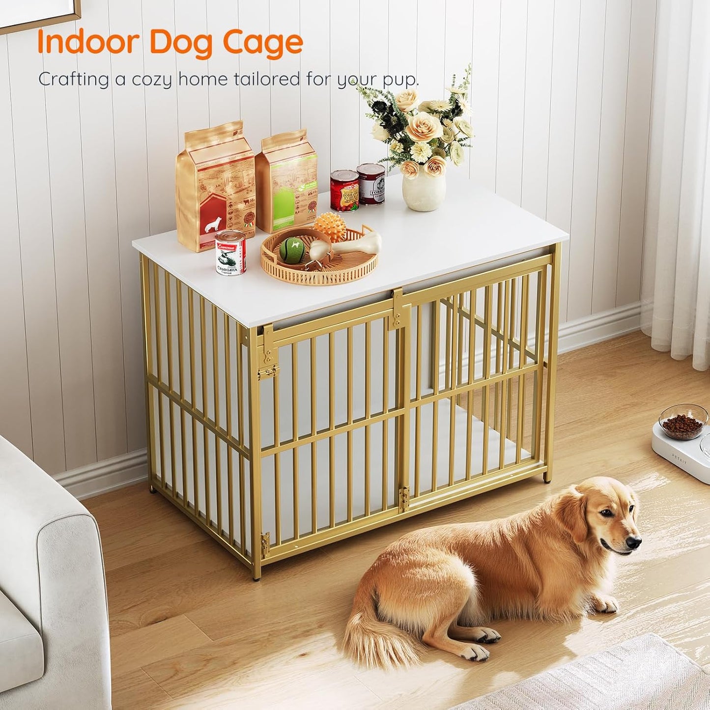 HOOBRO Dog Crate Furniture, 36.6" Heavy Duty Dog Kennel with Sliding Barn Door, Wooden Dog Cage Indoor, Decorative Side End Table for Small/Medium Dogs, White and Gold GD162GW03G1