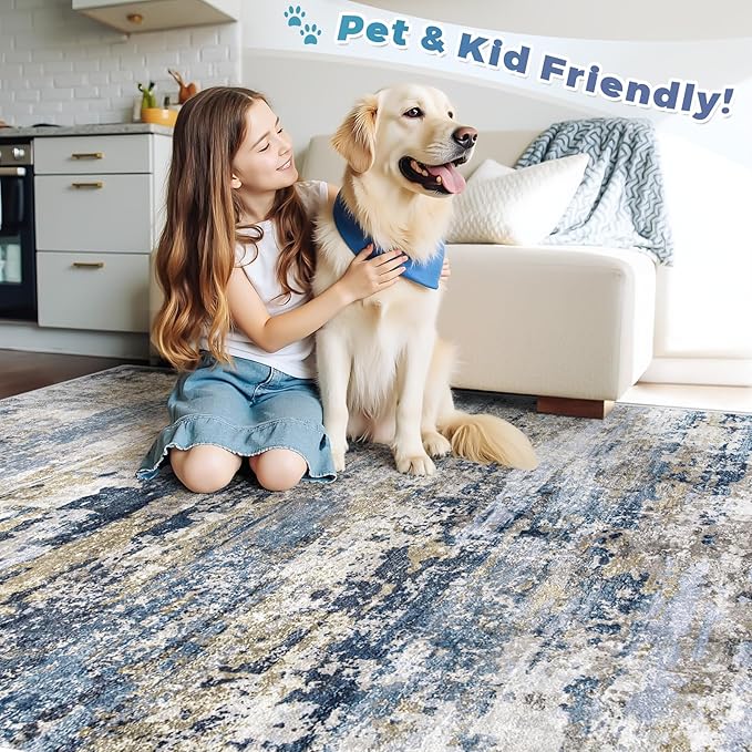 Area Rugs 10x14 Living Room: Washable Rug Modern Abstract Neutral Soft Non-Slip Low-Pile Indoor Large Carpet for Bedroom Dining Room Playroom Home Office (Blue Grey Brown, 10'x14')
