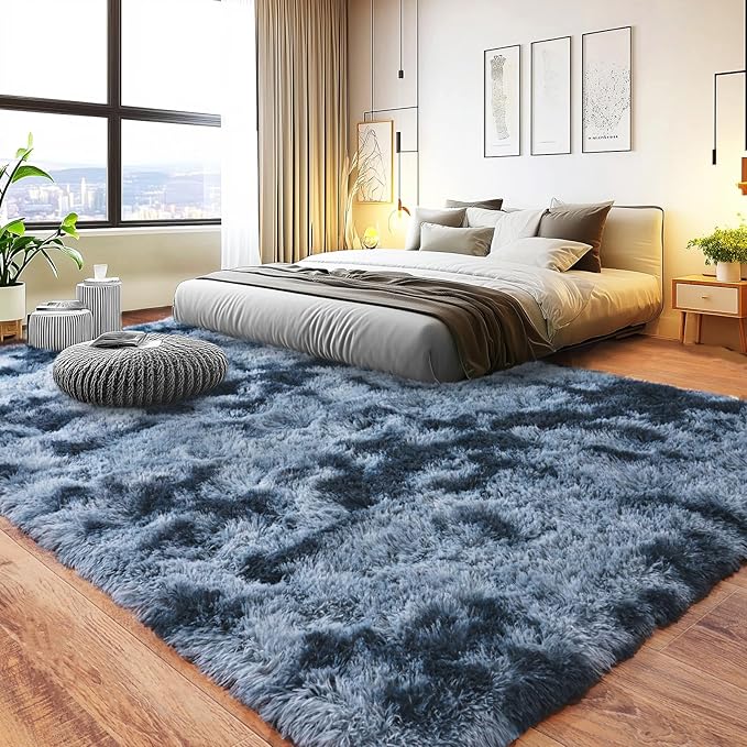 Pionblank 9x12 Area Rug, Large Area Rug for Living Room, Shag Rug for Bedroom, Soft Furry Non Slip Carpet for Kids Room Nursery Teens Dorm Home Decor, Blue Grey