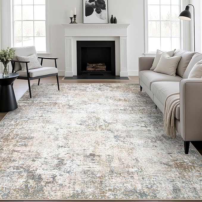 10x14 Area Rug Living Room Rug: Washable Modern Abstract Soft Thin Rug Indoor Floor No Slip Stain Resistant Carpet for Bedroom Dining Room Farmhouse Nursery Home Office - Brown Grey
