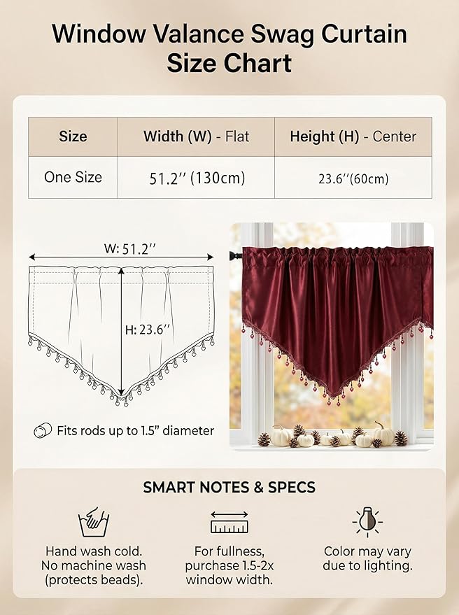 Molaxhome Swag Curtain 51 inch Length Rod Pocket Scalloped Curtain Valance Sheer Lace Panels with Hanging Crystal Beads for Kitchen Bedroom Window Treatments Drape Decor 1pc (Cloth Red, 51Wx23L)