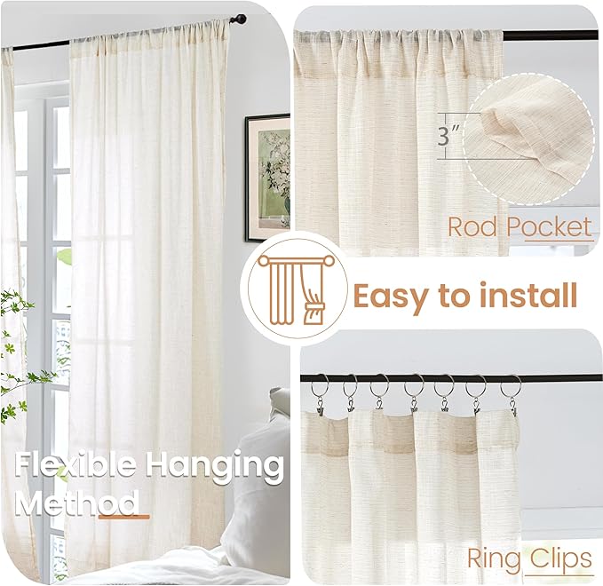 BGment Semi Sheer Linen Curtains 48 Inch Length for Windows, Beige Drapes Light Filtering for Short Bedroom Farmhouse Bathroom Cafe Decor Rustic Lightweight Rod Pocket, 2 Panels Set, 42 Inch Wide