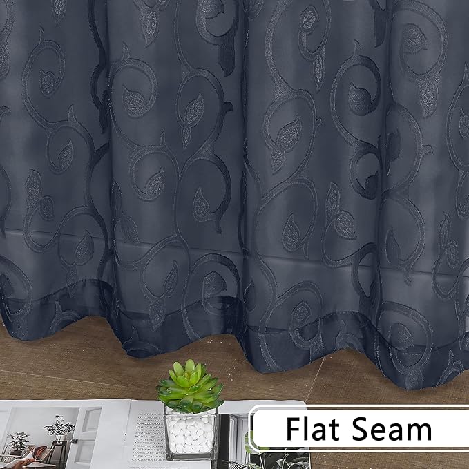 OWENIE Furman Navy Blue Semi Sheer Curtains 72 inches Long for Bedroom Living Room 2 Panels Set, Semi Transparent Geometric Jacquard Pattern Door Panels, Lightweight Airy Privacy Drapes, 40Wx72L inch