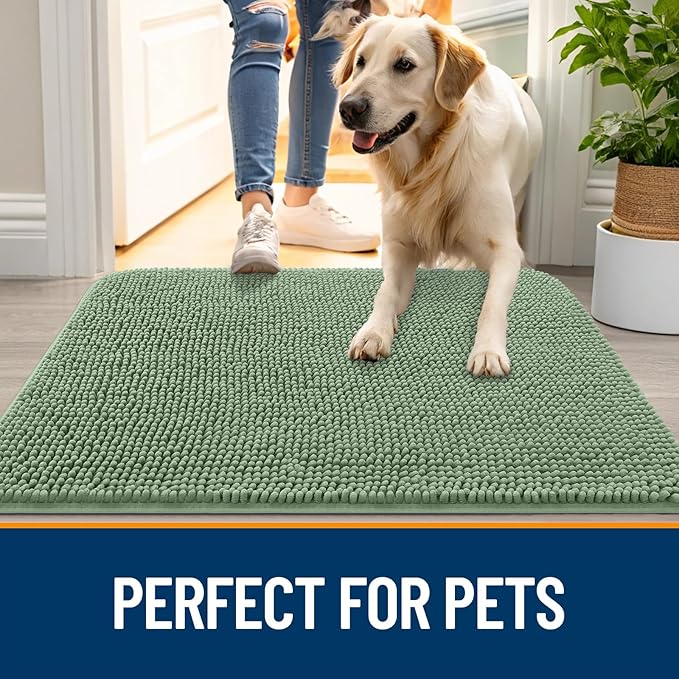 OLANLY Dog Door Mat for Muddy Paws 50x30, Absorbs Moisture and Dirt, Absorbent Non-Slip Washable Doormat, Quick Dry Chenille Mud Mat, Entry Indoor Entryway Carpet for Inside Floor, Olive Green
