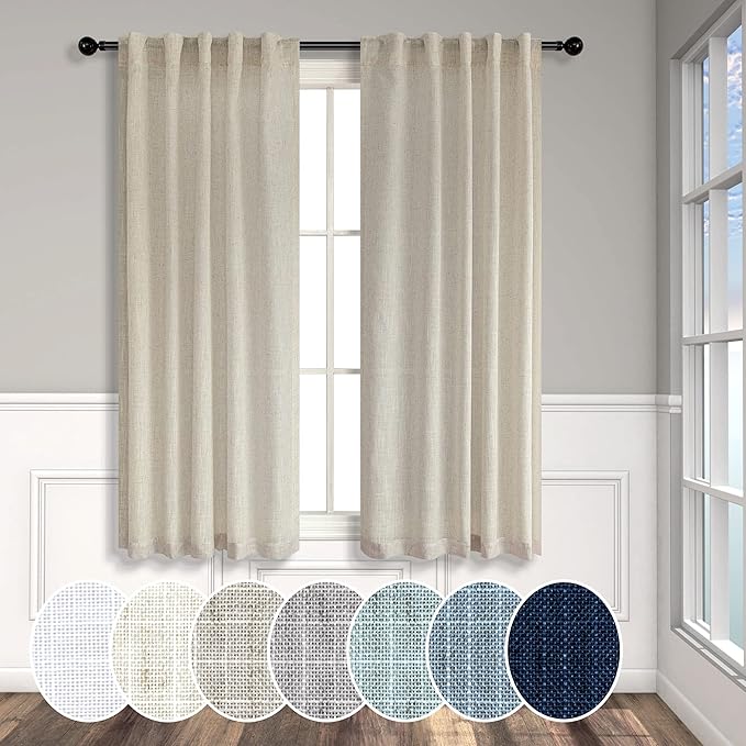 Flax Linen Curtains 38 Inch Width for Kitchen Farmhouse 2 Panels Back Tab Pocket Light Reducing Semi Sheer Tan Beige Curtains for Bathroom Window Door Entryway Cottage Decor Wide 38x45 Inch Length
