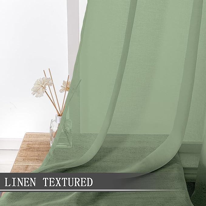 Tollpiz Sheer Tier Curtain Linen Textured Half Kitchen Curtains Sheer Light Filtering Rod Pocket Voile Small Curtains for Bathroom, 25 x 36 inches Long, Sage Green, Set of 2 Panels