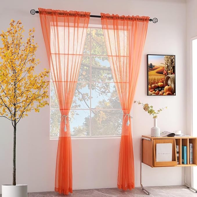 youleyar Solid Sheer Rod Pocket Curtain Voile Draperies 2 Panels White Beige Black Grey Coffee 52 Inch Width 63 Inch Long 1 Pair for Kitchen Bedroom Children Living Room Yard (Orange Red,52Wｘ63L)