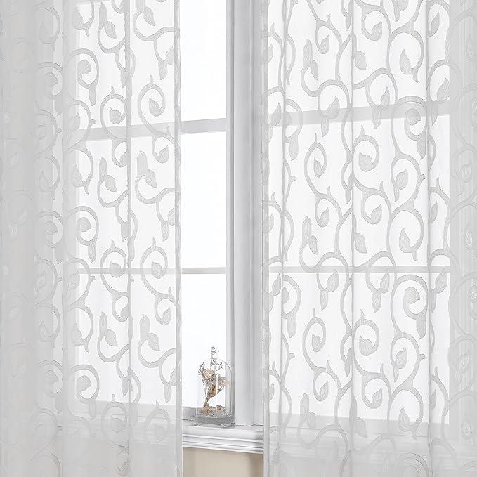 OWENIE Furman Extra Long Sheer White Curtains 96 inches Long for Bedroom Living Room 2 Panels Set, Light Filtering Soft Semi Sheer Jacquard Clip Farmhouse Curtains Rod Pocket Design, 52Wx96L inch