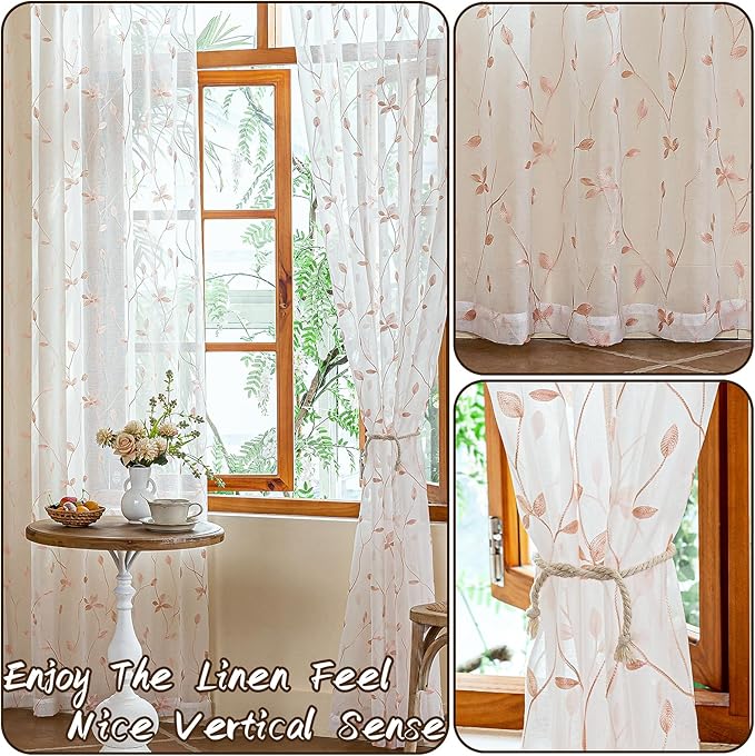 AmHoo 2 Panels Embroidered Leaf Pattern Semi Sheer Curtains Foliage Floral Voile Window Draperies Treatment for Bedroom Living Room Rod Pocket White Pink 53 x 63 Inch