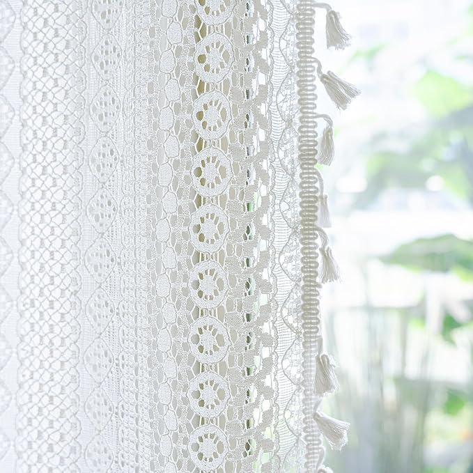 WAZZIO Boho Lace Curtains 72 Inches 2 Panel,Light Filtering Privacy Tassel & Geometry Crochet Semi Sheer Curtain Drapes for Bedroom Living Dining Room,Rod Pocket & Tassel,Victorian Decor,Off White