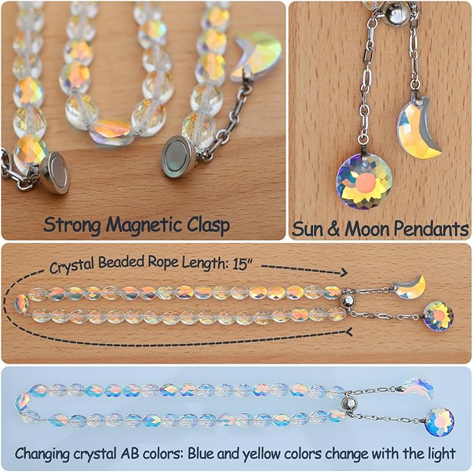 PEDOBO Magnetic Curtain Tiebacks, 2 Pack Crystal Beaded Sun & Moon Pendants Sheers/Draperies Holdbacks for Window Home Office Decor (Crystal AB)