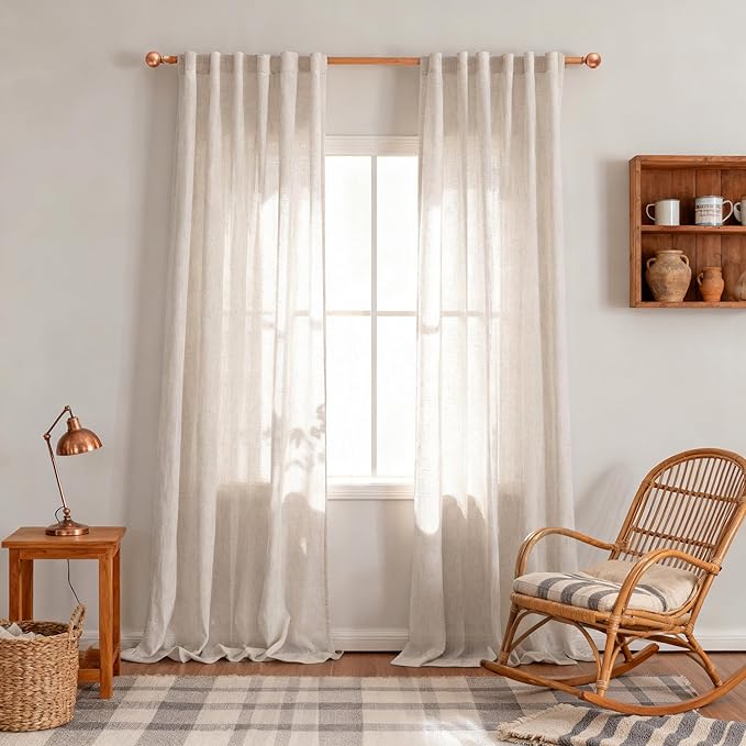 MYSKY HOME Extra Long Curtains for Living Room, Natural Linen Window Curtain Drapes for Sliding Glass Door Soft Boho Light Filtering Semi Sheer Backdrop Panels, 50 x 108 Inches, 2 Pieces