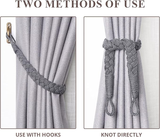 NICEEC 4 Pack Natural Cotton Rope Curtain Tiebacks Elegant Boho Style Decorative Drape Tie Backs Soft Hand-Woven Rope Curtain Holdbacks with Metal Hook for Home & Office Drapery (Dark Grey)