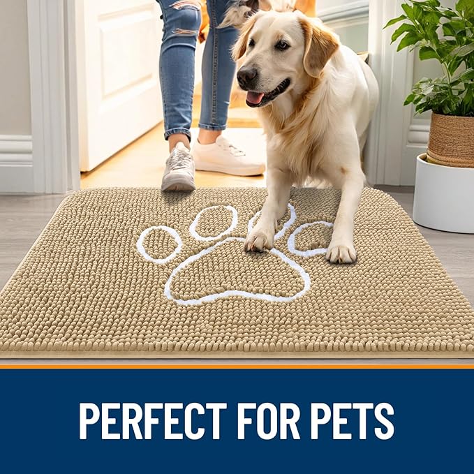 OLANLY Dog Door Mat for Muddy Paws 54x32, Paw Print Design, Absorbs Moisture and Dirt, Absorbent Non-Slip Washable Doormat, Quick Dry Chenille Mud Mat for Dogs, Entry Indoor Entryway Carpet, Beige