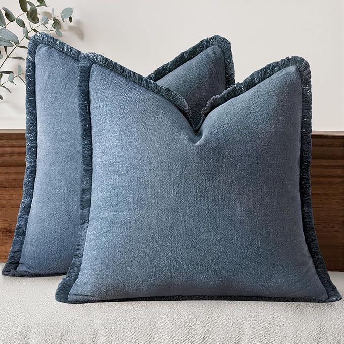 MIULEE Decorative Throw Pillow Covers Neutral Linen Fringe Throw Pillows Set of 2 Blue Ashes Boho Farmhouse Cushion Covers with Tassels for Couch Sofa Bed Home Spring Decor 18x18 Inch