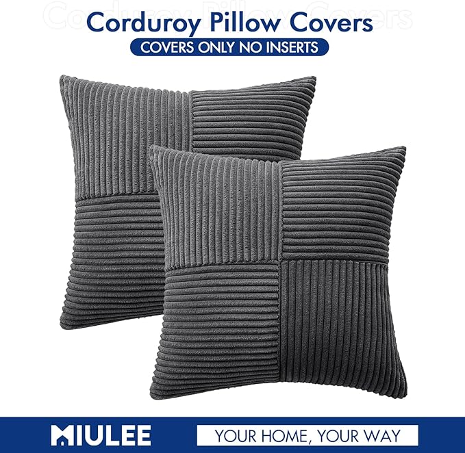 MIULEE Grey Decorative Throw Pillow Covers 20x20 Inch for Couch Bed Sofa Pack of 2 Boho Farmhouse Throw Pillows Soft Cross Corduroy Patchwork Textured Cushion Cases
