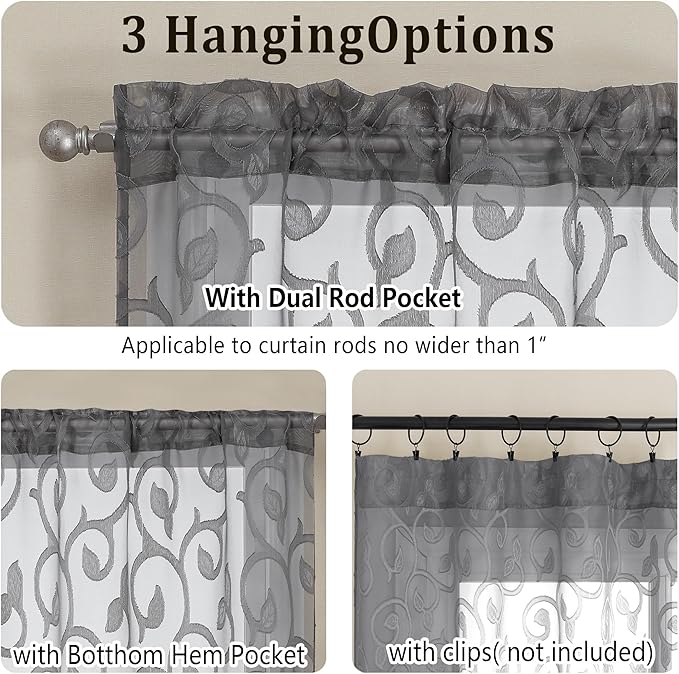 OWENIE Furman Cafe Curtains 30 Inch Length 2 Panels Set, Elegant Geometric Jacquard Short Sheer CurtainsTiers for Kitchen/Living Room/Bedroom Small Window 28" W x 24" L, Grey