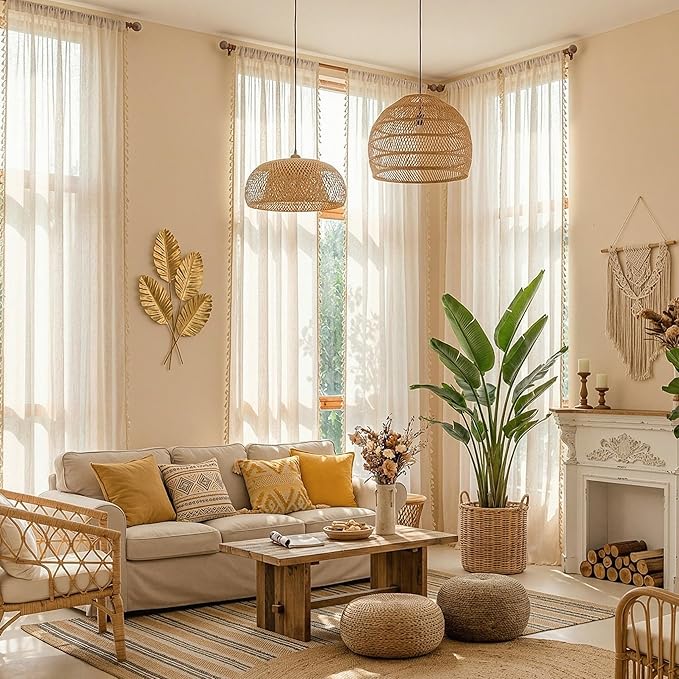MYSKY HOME Living Room Curtains 90 Inch Length with Macrame，Semi Sheer Curtains Boho Farmhouse Decor Light Filtering Privacy Protect for Sliding Glass Patio Doorways,50" x 90",Linen，2 Panels
