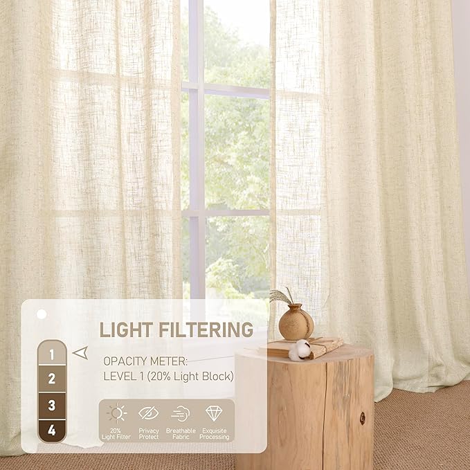 LAMIT Beige Linen Curtains 63 inch Length 2 Panels for Living Room, Bronze Grommet Soft Semi Sheer Light Filtering Window Treatments Neutral Drapes for Bedroom, 52 x 63 Inch, Beige