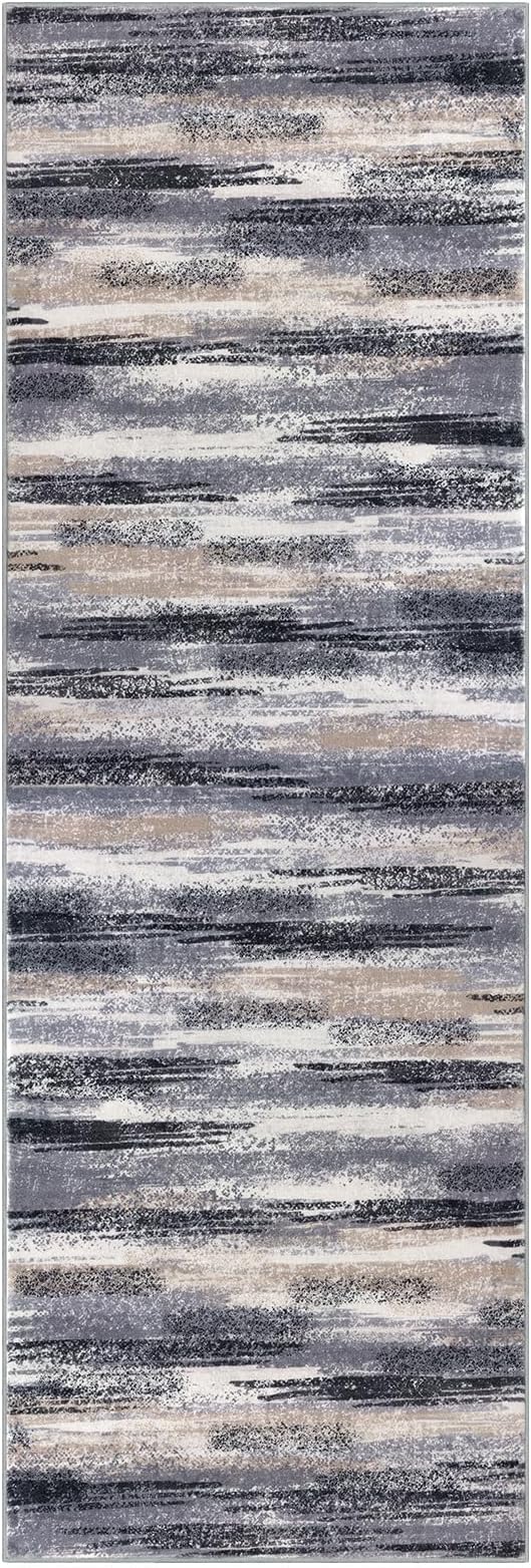 Lansny Modern Abstract Runner Rug 2x12, Grey Black Multi Washable Long Kitchen Runner Non-Slip Soft Hallway Rug Runner Thin Print Faux Wool Carpet for Entryway Bedroom Laundry Room Indoor Home Decor