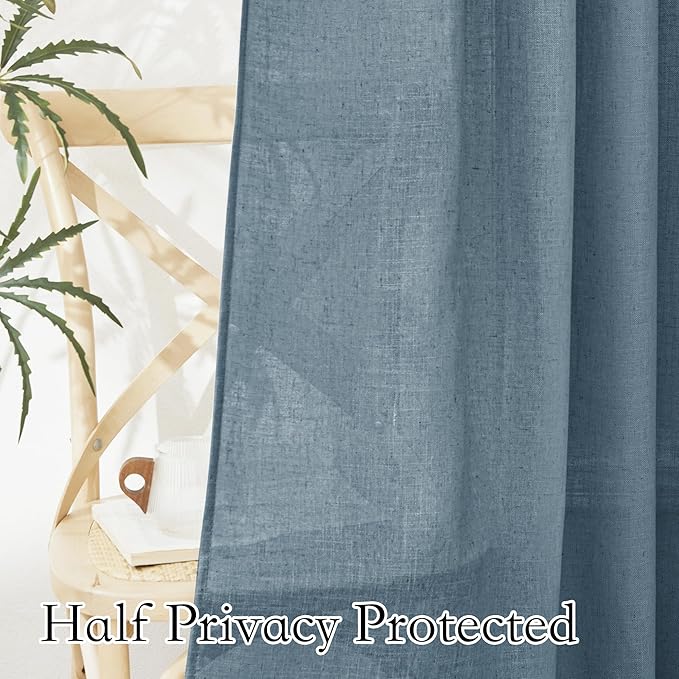 RYB HOME Linen Sheer Valacne - Window Curtains Tiers for Kitchen Bathroom Half Window Drape for Farmhouse Boho Decor, 52 x 18 inches Long, Stone Blue, 2 Panels